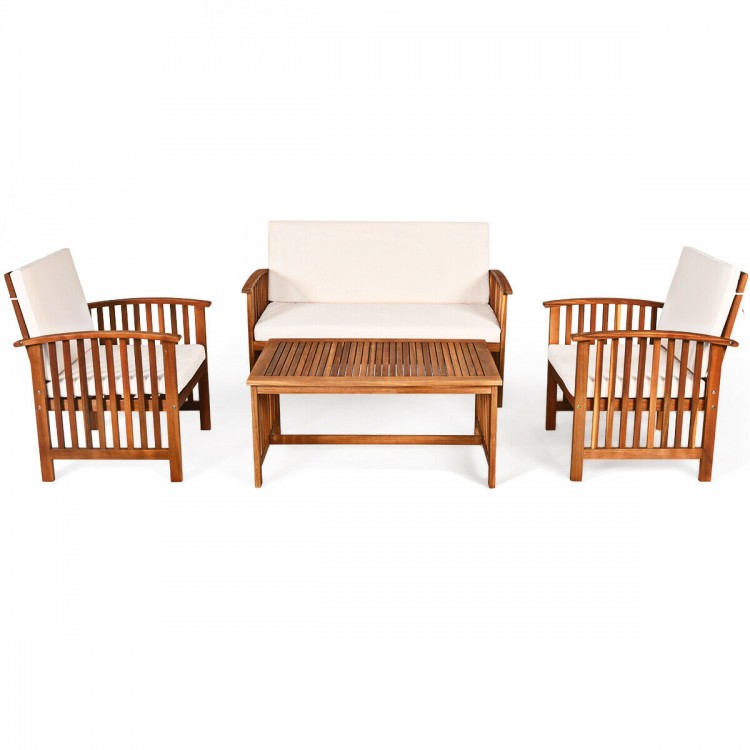 Loveseat from the 4PCS patio solid wood furniture set, featuring soft beige cushions and sturdy acacia wood frame for.