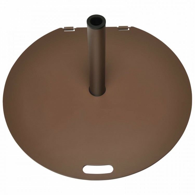 Round 50 lbs umbrella base stand with wheels, solid metal frame, designed for stability and mobility in outdoor.