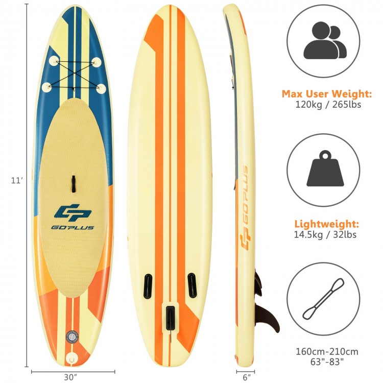 Inflatable stand-up paddle board with non-slip deck, removable fins, and carrying bag, ideal for water activities.