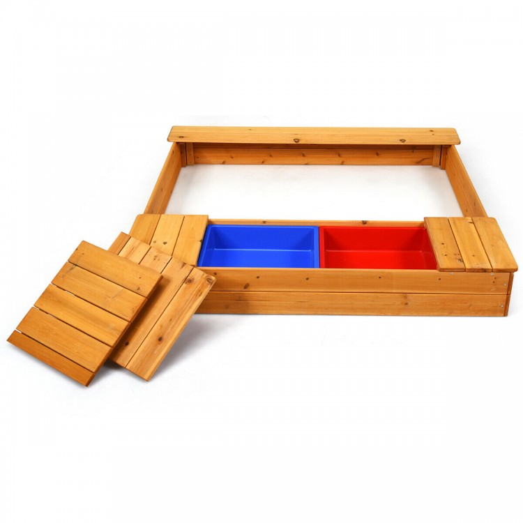 Cedar sandbox with detachable seats and two plastic storage boxes for kids' toys, ideal for outdoor play and creativity.