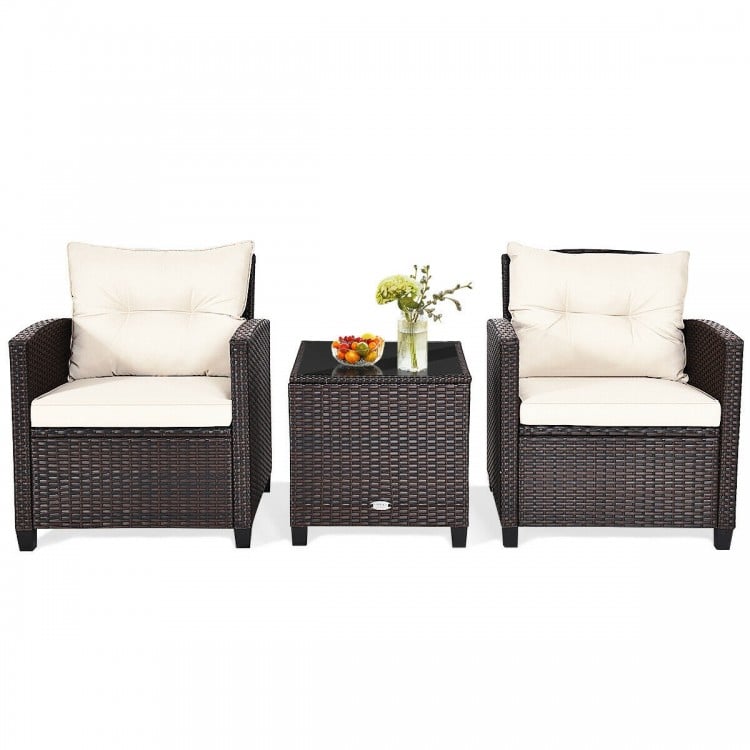3 Pcs Patio Rattan Furniture Set Cushioned Conversation Set Coffee Table-WhiteCostway Gallery View 8 of 16