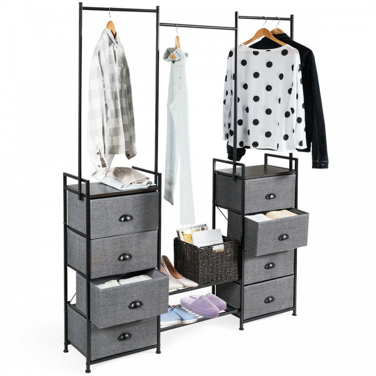 3-in-1 portable dresser with 8 fabric drawers and metal rack, featuring hanging rods and adjustable feet for versatile.