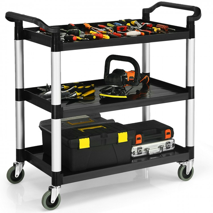 3-shelf utility service cart with aluminum frame, 490lbs capacity, featuring tools and rolling wheels for easy.