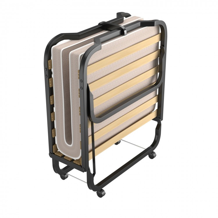 Folding rollaway bed with memory foam mattress, compact design, sturdy metal frame, ideal for guests in limited spaces.