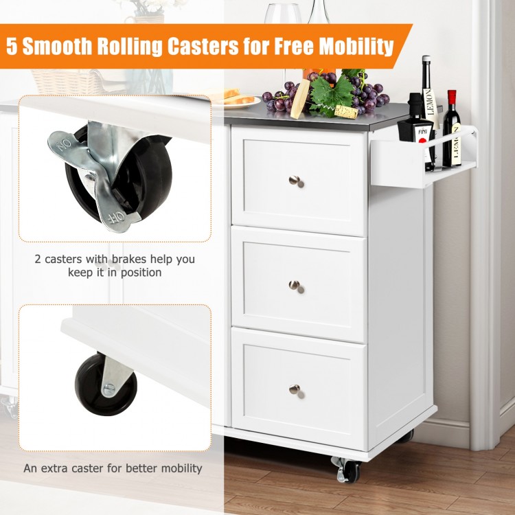 Kitchen island storage cabinet with stainless steel top, featuring 5 rolling casters for easy mobility and stability.