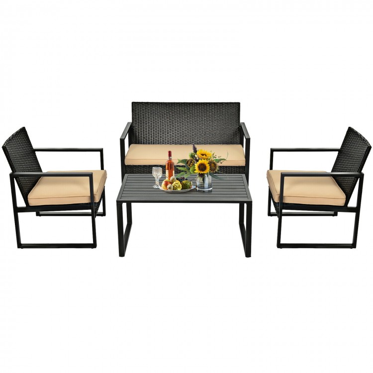 Cushioned single chair from a 4-piece patio rattan furniture set, designed for comfort and stylish outdoor seating.