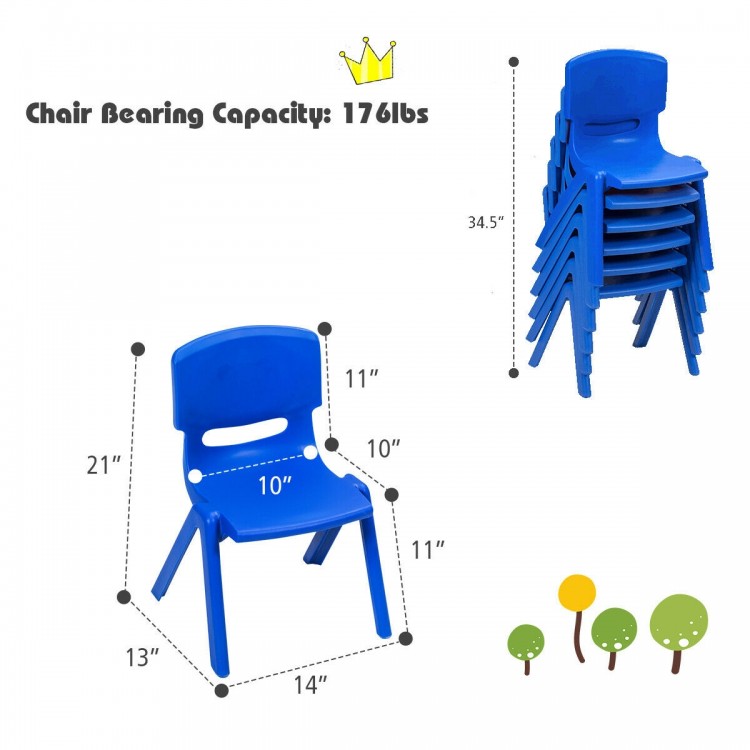Blue stackable kids' classroom chair, made of durable plastic, perfect for indoor and outdoor use, ergonomic design for.