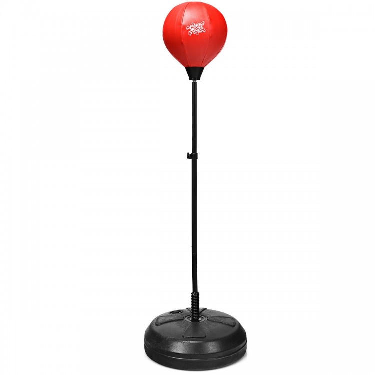 Adjustable height punching bag with stand, red ball, durable base for stability, ideal for kids and adults' training.