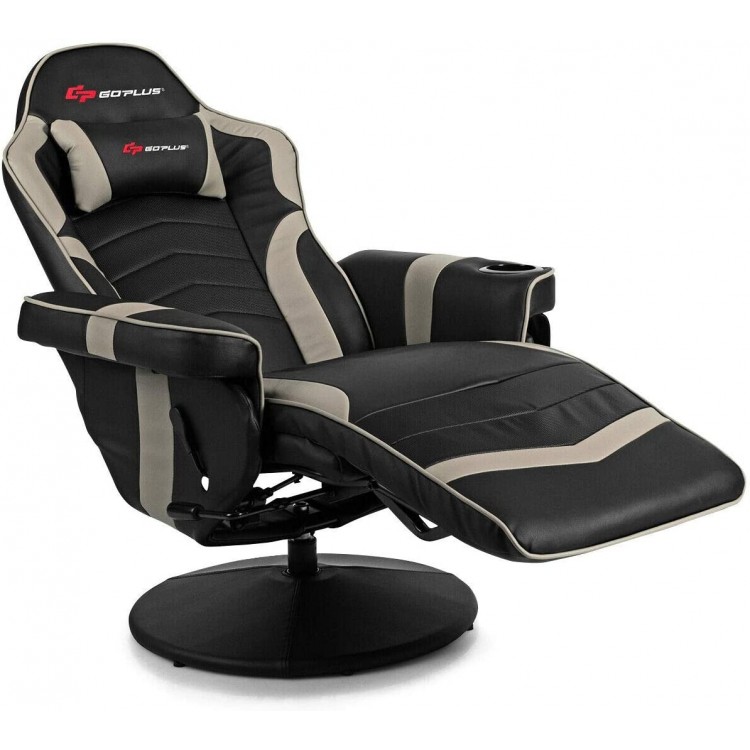 Ergonomic high back massage gaming chair in gray featuring a plush design, 360˚ swivel base, and adjustable footrest.
