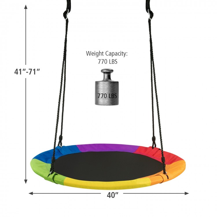 Multicolor 40-inch flying saucer tree swing with adjustable height, 770 lbs capacity, perfect for kids' outdoor fun.