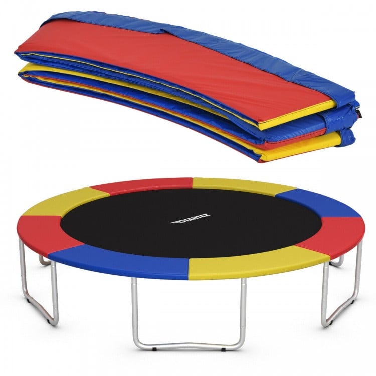 Multicolor 10Ft waterproof trampoline safety pad with elastic straps, designed for outdoor and indoor use, ensuring.
