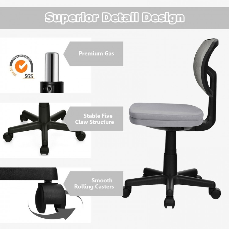 Armless gray computer chair with height adjustment, breathable mesh, and smooth-rolling casters for home office use.