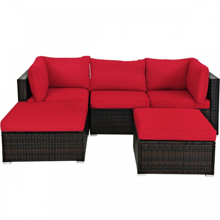 L-shaped 5-piece patio rattan sofa set with red cushions, featuring a durable steel frame and removable cushion covers.