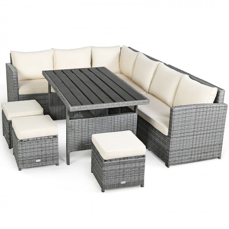 7-piece all-weather patio rattan sectional sofa set with off-white cushions and a spacious dining table for outdoor.
