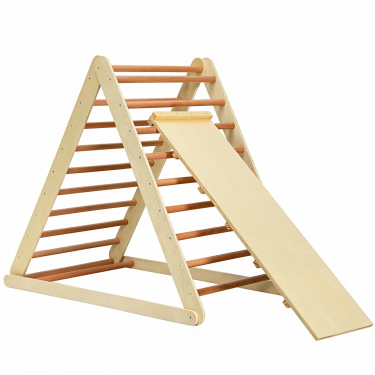 Foldable wooden climbing triangle with slide for toddlers, made of natural wood, safe for kids aged 6 months to 6 years.