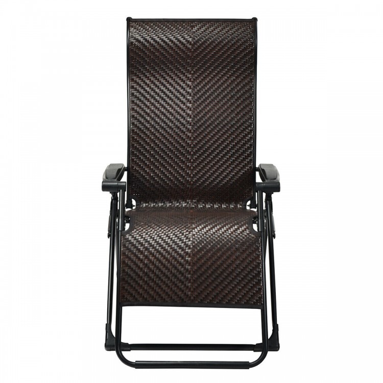 Zero gravity lounge chair with breathable rattan, adjustable backrest, and sturdy steel frame for outdoor relaxation.