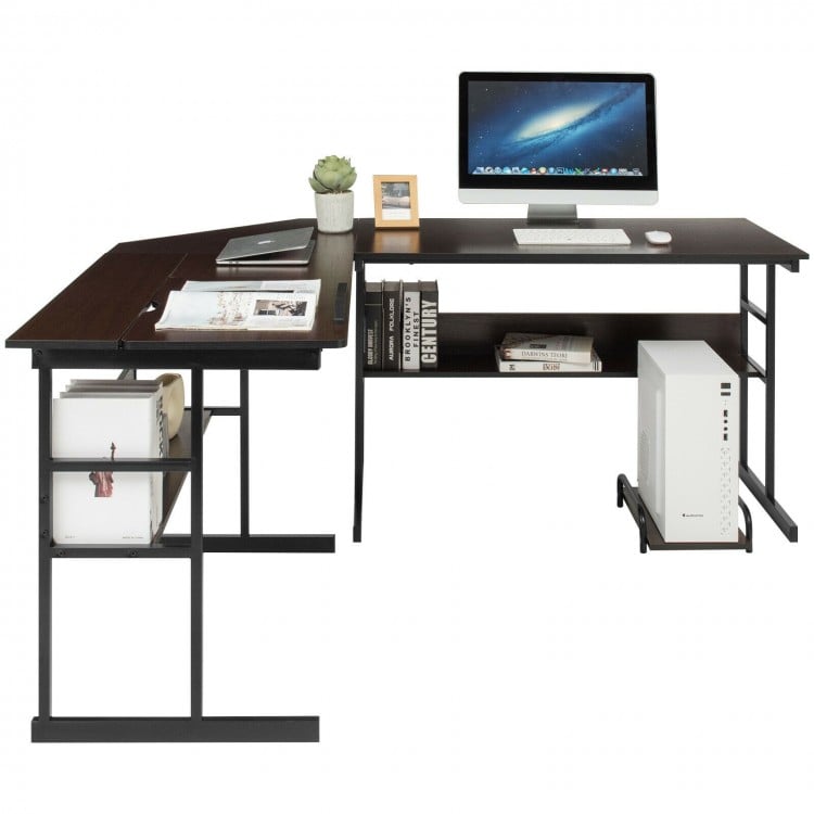 L-shaped computer desk in brown with adjustable tabletop, two open shelves, and flexible CPU stand for home office use.