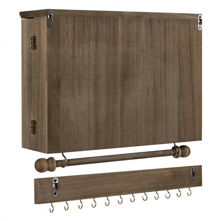Vintage wood wall-mounted jewelry organizer with barn door, featuring hooks and a removable rod for organized storage.