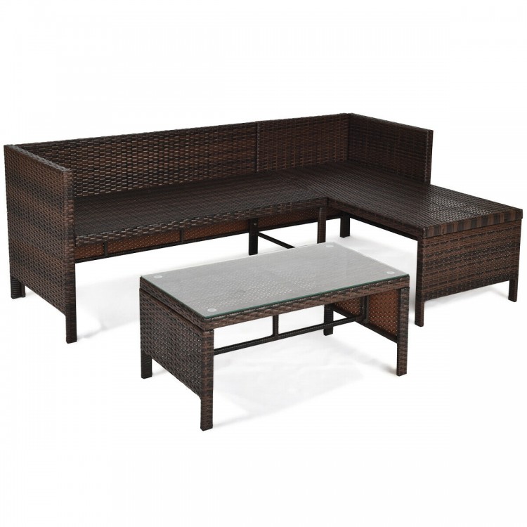 L-shaped 3-piece patio wicker rattan sofa set with gray cushions and glass top table, perfect for outdoor relaxation.