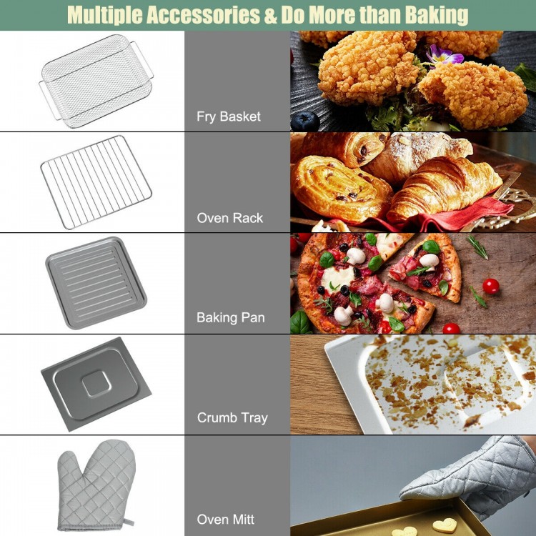 19 Qt air fryer toaster oven with multiple accessories, including baking pan and oven mitt, for versatile cooking tasks.