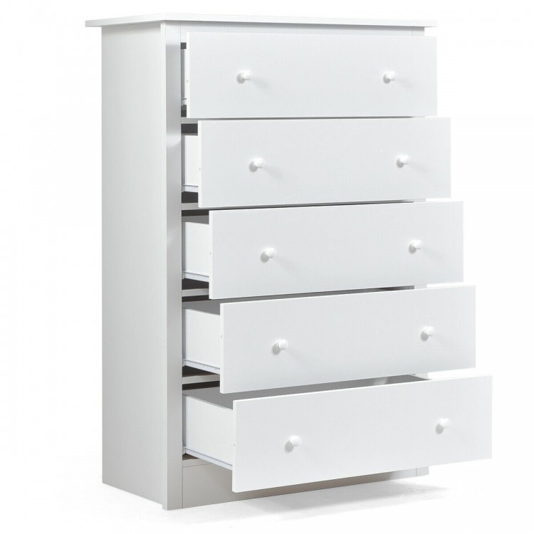 White 5-drawer dresser from a side view, featuring sturdy construction and a compact design for versatile storage.