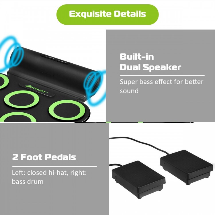 Electronic roll-up drum set with 7 pads, dual speakers, and 2 foot pedals for versatile music performance.