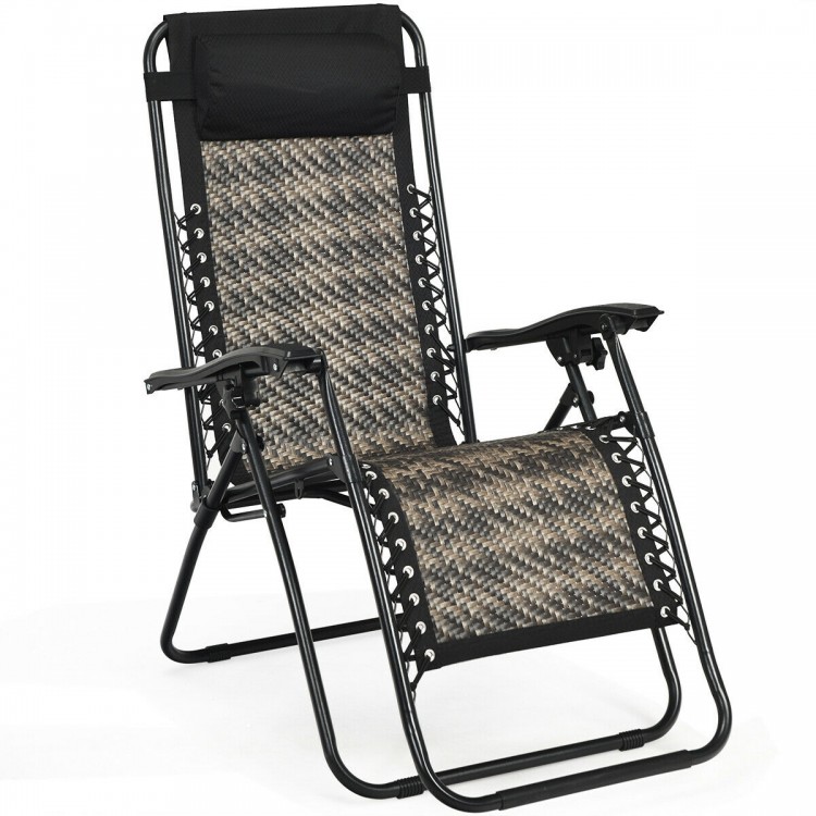 Folding rattan zero gravity lounge chair in gray with removable head pillow, perfect for outdoor relaxation and easy.