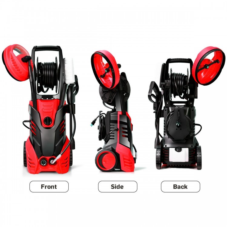 High pressure washer with 3000 PSI, shown from front, side, and back views, featuring a hose reel and five nozzles.