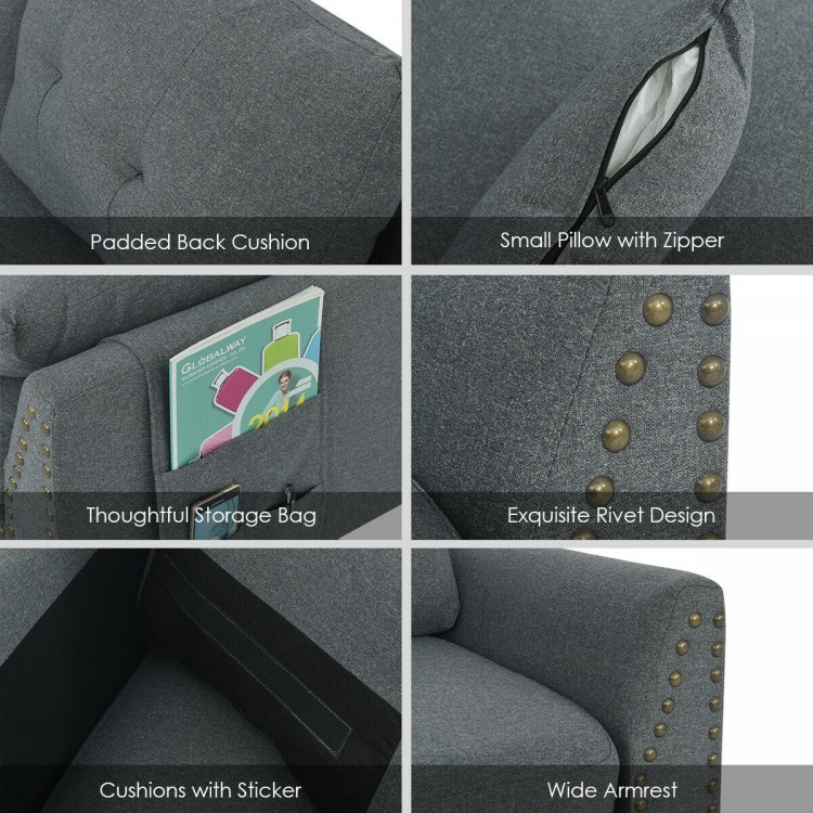 Padded back cushion and small pillow with zipper on the reversible gray sectional sofa for added comfort and.