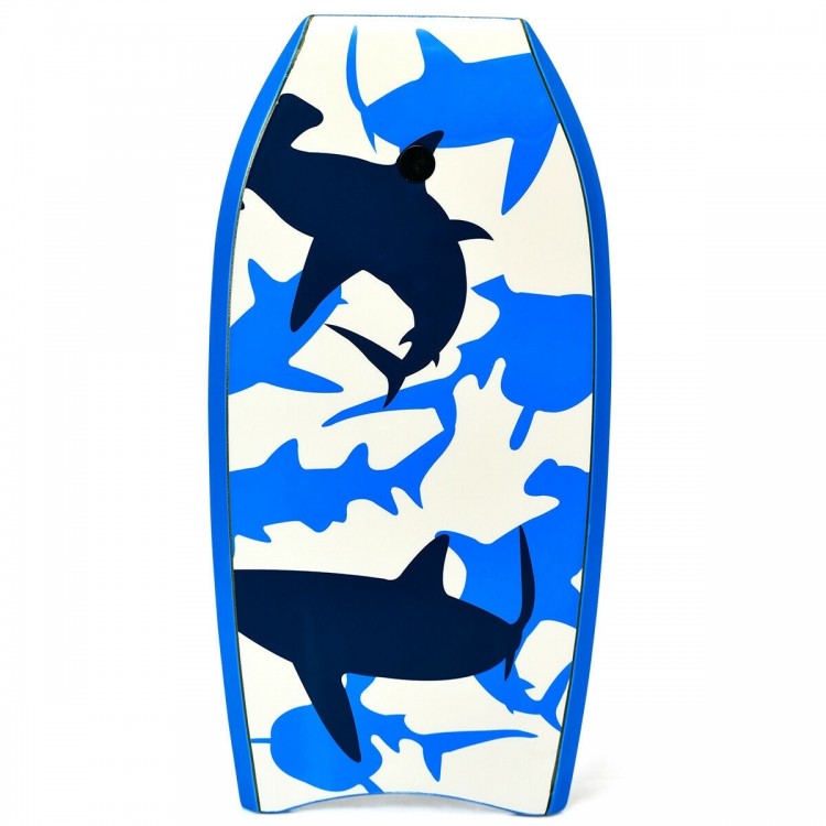 Lightweight bodyboard with blue shark design, made of EPS core and XPE deck, perfect for surfing fun in water sports.