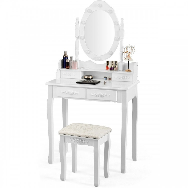 Makeup vanity dressing table set in white with dimmable bulbs, cushioned stool, and four storage drawers for elegance.