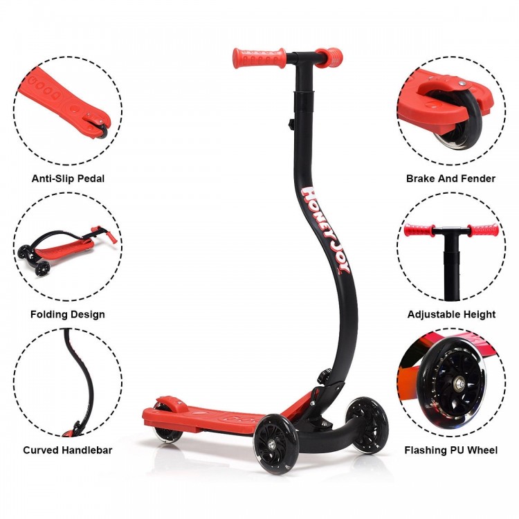 Folding kids kick scooter in red with adjustable height, anti-slip pedal, and flashing PU wheels for balanced riding.