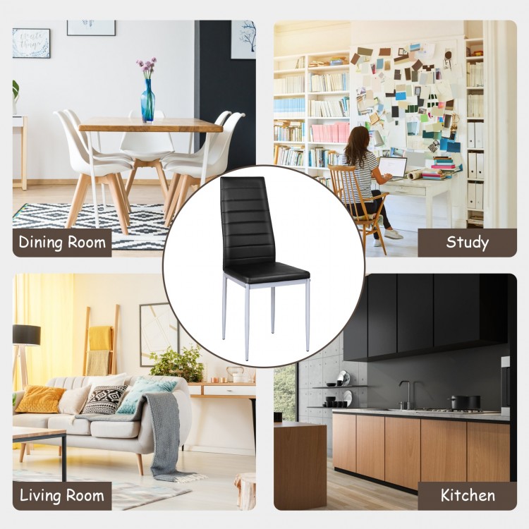 Black PVC leather dining side chair with painted steel legs, showcasing modern elegance for various home settings.