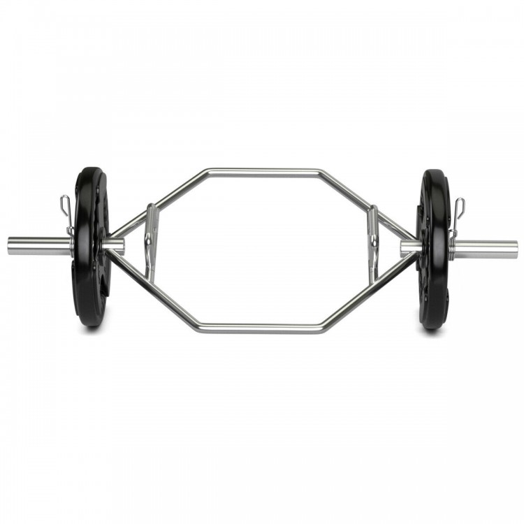 Olympic hexagon deadlift trap bar with loadable sleeves, featuring foldable grips and heavy-duty steel for versatile.