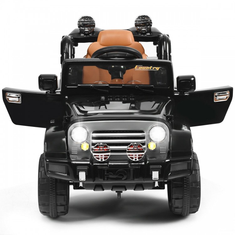 Kids ride-on truck in black with working headlights, MP3 input, and remote control for ages 3-8, featuring a.