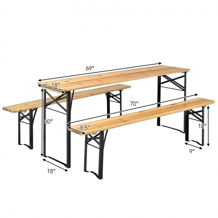 Dimensions of the 3 Pieces Folding Wooden Picnic Table Bench Set, highlighting its sturdy construction and space-saving.