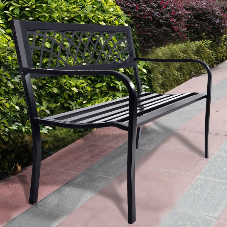 Black steel frame bench with PVC backrest mesh, ideal for outdoor seating and relaxation.