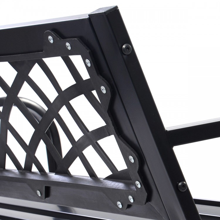Detail of the PVC backrest mesh on the steel frame of the outdoor bench deck, showcasing its sturdy construction.