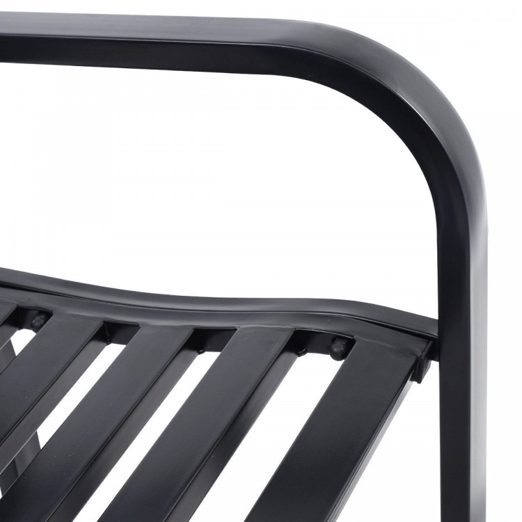 Close-up of the steel frame of the outdoor bench deck, featuring a PVC backrest mesh for sturdy seating.