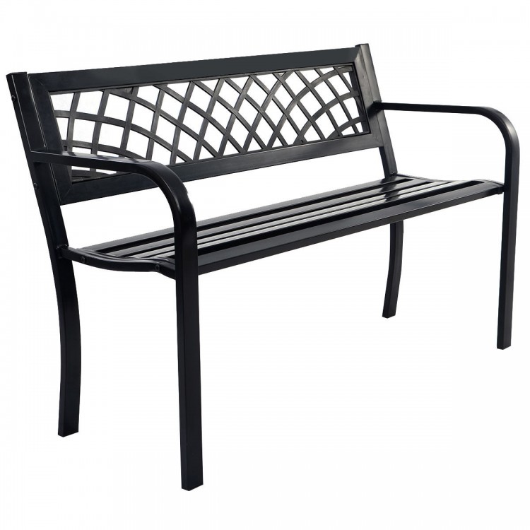 Black steel frame outdoor bench with PVC backrest mesh, sturdy and comfortable for outdoor seating.