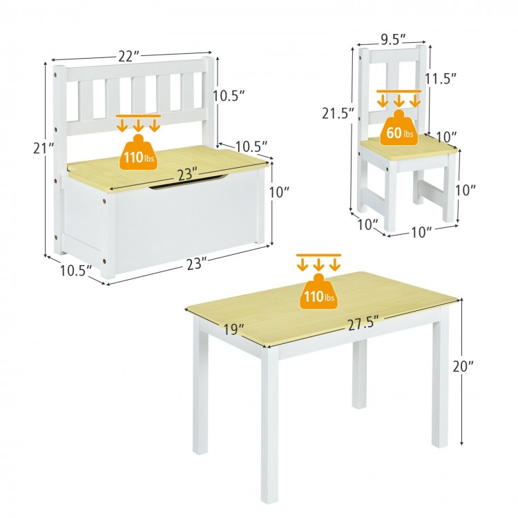Kids wooden activity table and chairs set with storage bench, ergonomic design, sturdy MDF, ideal for play and study.