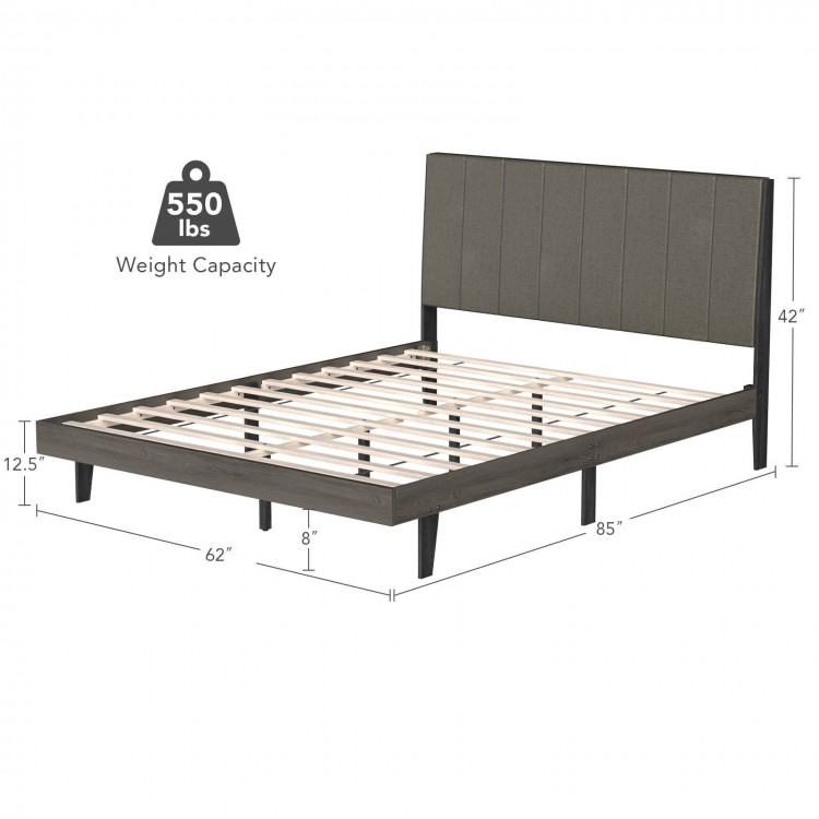 Queen size upholstered bed frame with tufted headboard, featuring 12 solid wooden slats and 8" under-bed storage space.