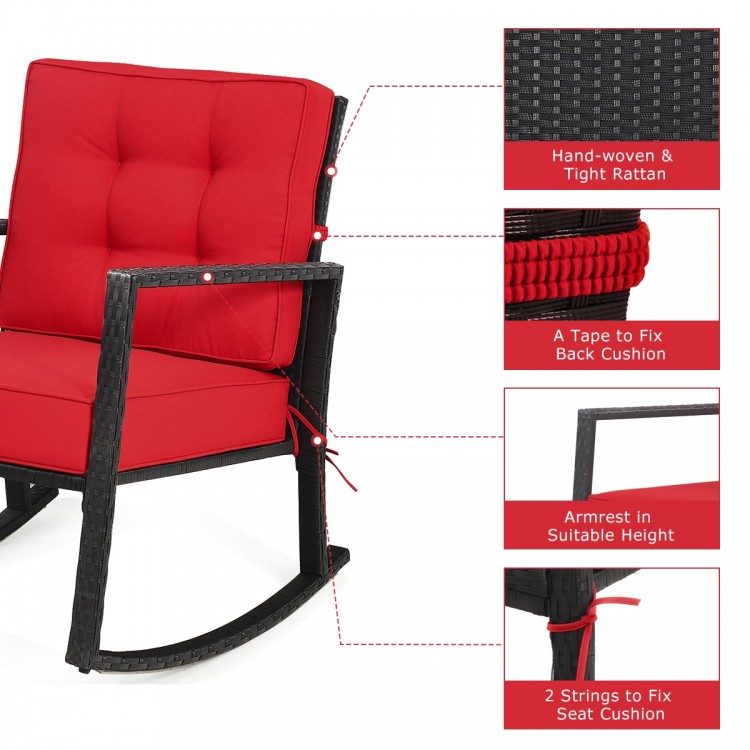 Red cushioned patio rattan rocking chair with sturdy metal frame, designed for outdoor relaxation and comfort.