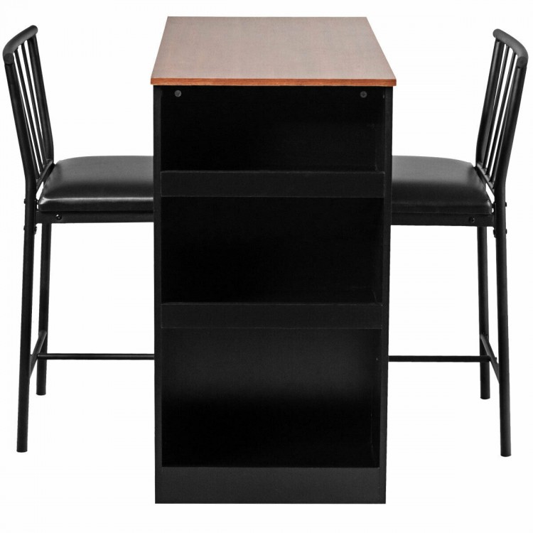 Counter height pub dining set with a brown triangular table and two ergonomic chairs, perfect for small spaces.