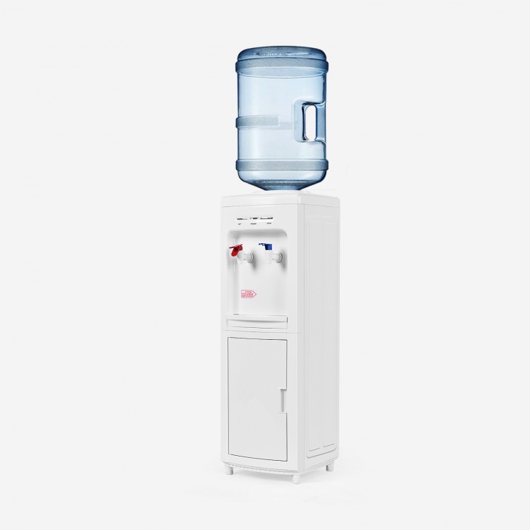 Hot and cold water cooler dispenser with child safety lock, featuring a detachable drip tray and storage cabinet for.