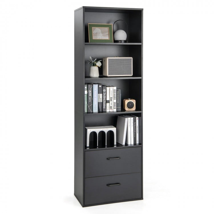 Tall black freestanding bookshelf with 4 open shelves and 2 drawers, ideal for home or office storage.