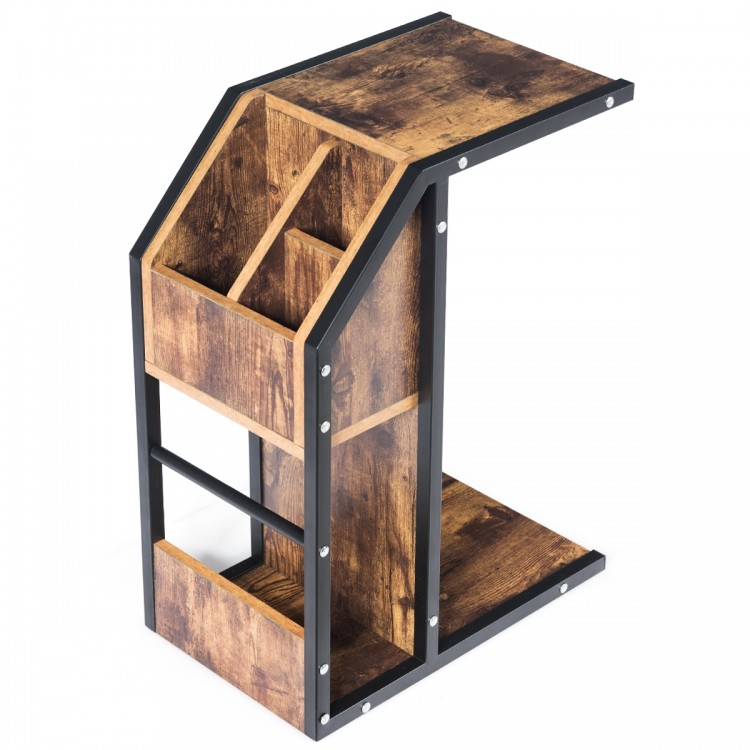 C-shape industrial snack end table with storage compartments, made of durable particle board and metal frame for living.