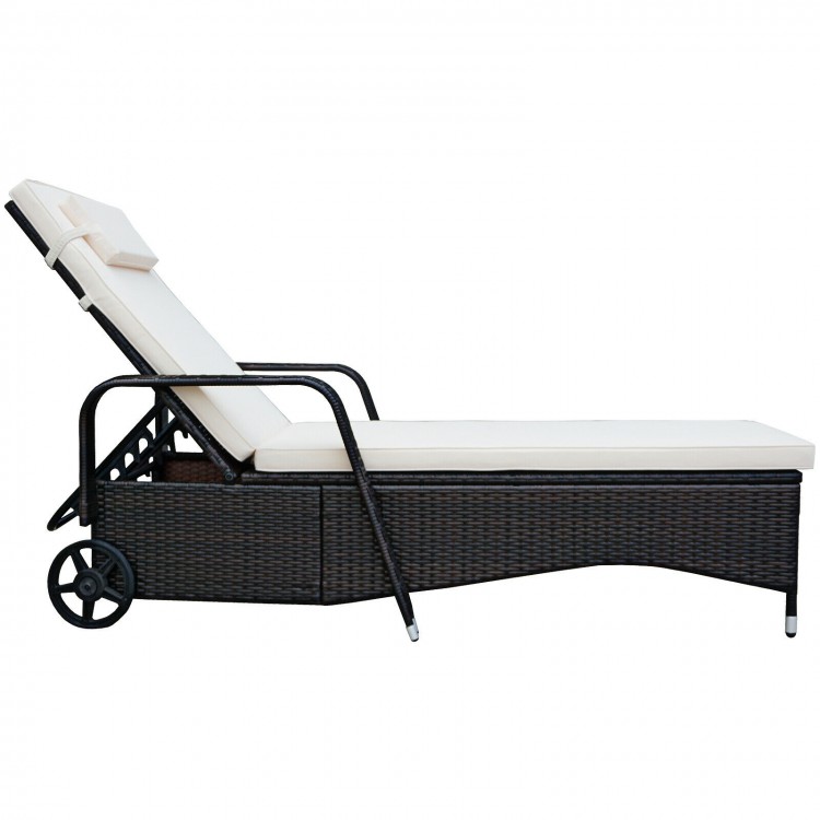 Cushioned outdoor recliner chaise lounge with adjustable backrest and wheels, made of weather-resistant PE rattan for.