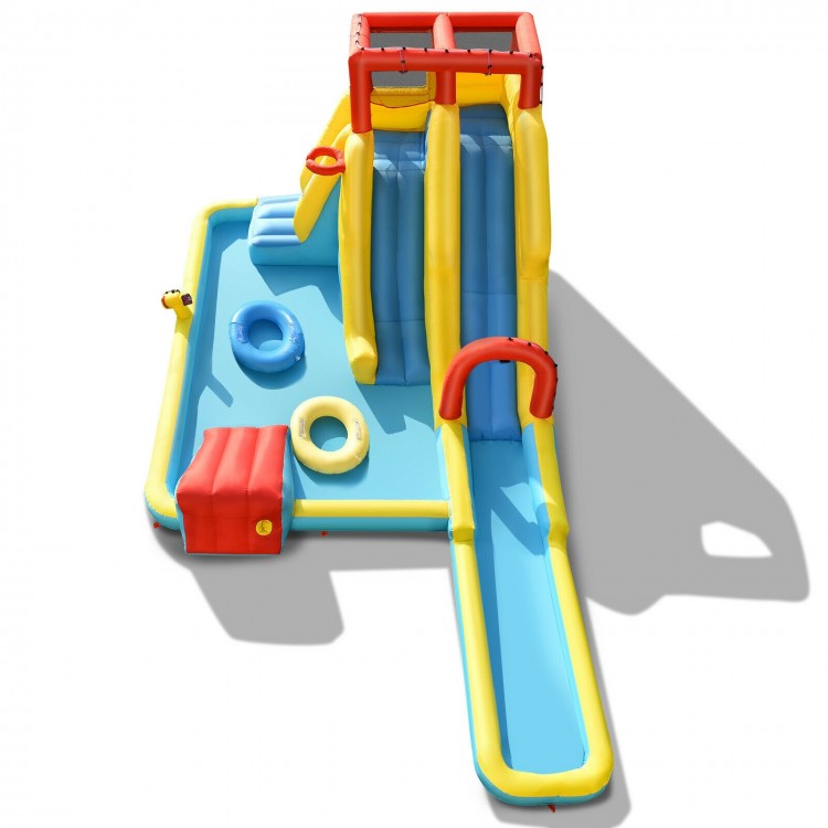 Colorful 7-in-1 inflatable water park with dual slides, climbing wall, and basketball hoop for outdoor fun.