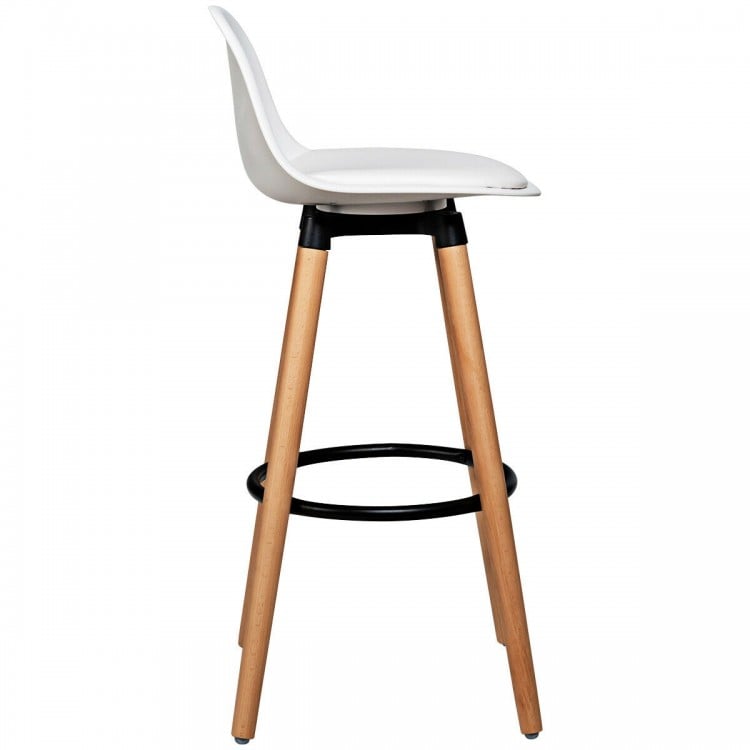 Side view of a mid-century barstool featuring a white PU leather seat and beech wood legs, suitable for dining or bars.